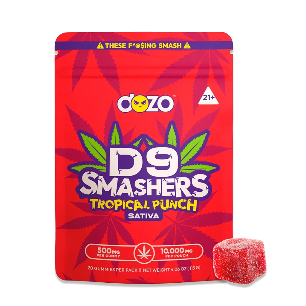 A tropical punch dozo d9 smasher gummy with packaging